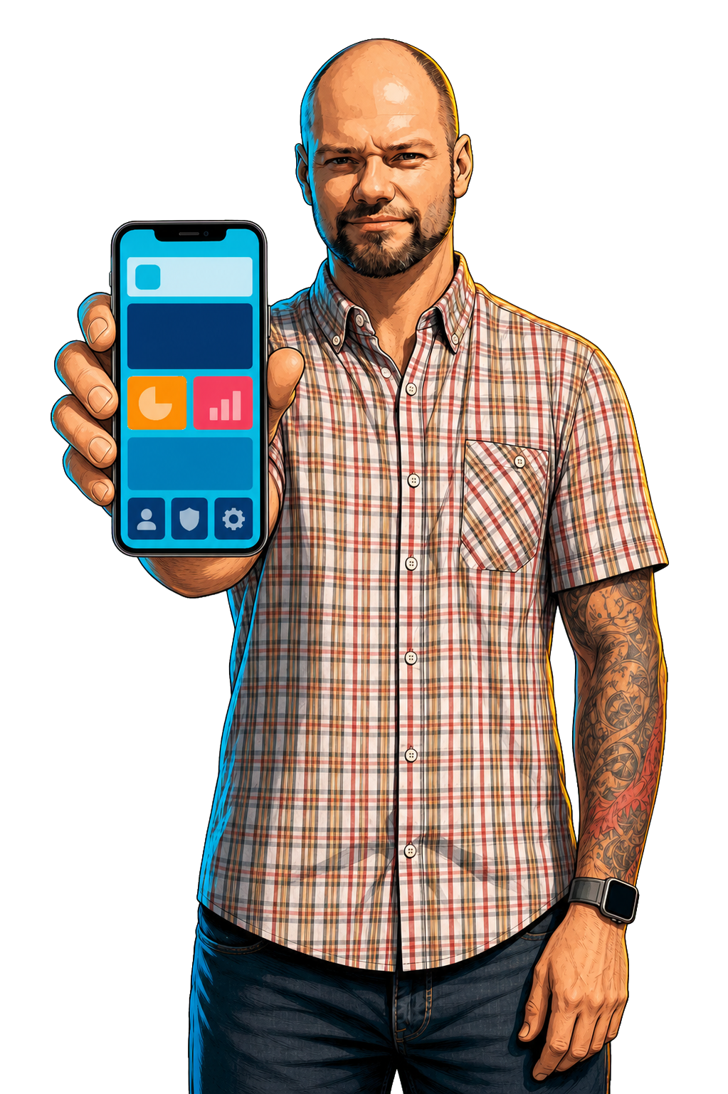 Illustration von Philipp Grashorn, der eine App auf einem Smartphone in die Kamera hält