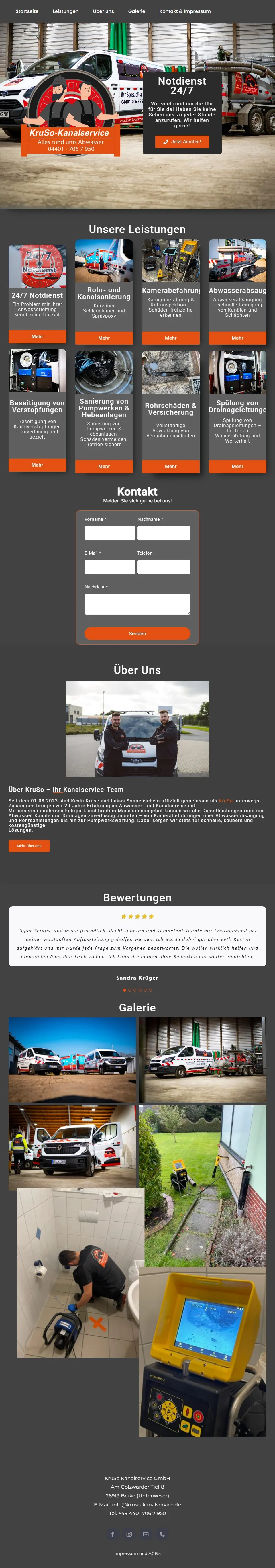 Ganzseitenansicht der Website von KruSo Kanalservice